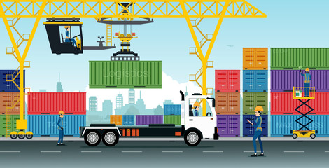 Wall Mural - Container Cranes have delivery trucks and containers at the warehouse.
