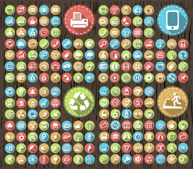 Poster - Set of 180 Flat Icons with Shadows on Circular Contemporary Modern Buttons on Wood Texture.