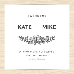 Wall Mural - Save the date, wedding invitation card template with hand drawn flower. Minimal design. Vector illustration.