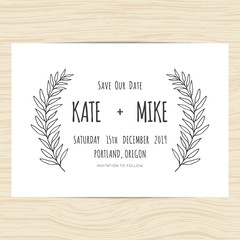 Wall Mural - Save the date, wedding invitation card template with hand drawn branch and leaves wreath. Minimal design. Vector illustration.