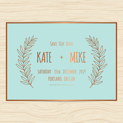 Wall Mural - Save the date, wedding invitation card template with hand drawn branch and leaves wreath in copper color. Minimal design. Vector illustration.