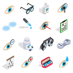Poster - optometry icons set in isometric 3d style. care and eye health set collection vector illustration