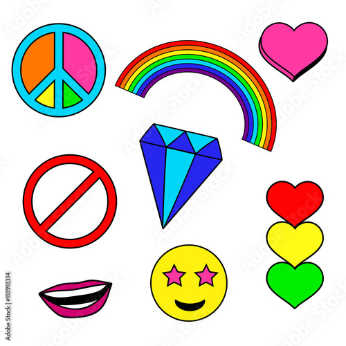 Colorful Patches Collection With Heart Rainbow Stop Sign Smile Face Diamond Crystal Peace Pin Sewing Elements Hand Drawn Vector Illustration Retro Style Fashion Trend Pins Badges Set Stock Vector Adobe Stock