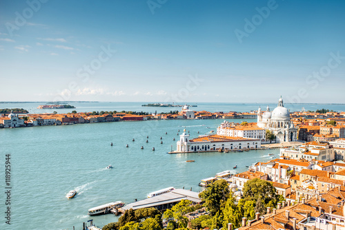 Aerial cityscape view on Venice old town with Santa Maria basilica at the sunny Poster