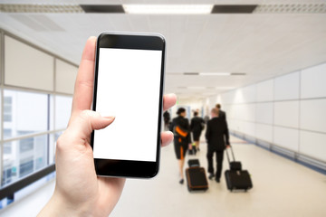 Blank screen smartphone with space for copy at the airport, filt