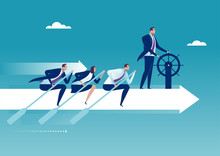 The Team. Group Of Business Persons Flying On White Arrow. Business Concept Illustration.