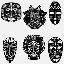Black And White Set Of Six Masks Shamans Of Ancient Tribes Of Af