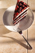Chocolate raspberry layer cake slice on a plate with fork. Overhead top view. Selective focus