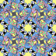 seamless pattern with blue circles dancing fun Caribbean parrot.