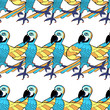 seamless pattern with blue dancing cheerful Caribbean parrot. 