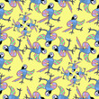 seamless pattern with dancing fun Caribbean parrot on a yellow b