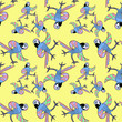 Seamless pattern with purple dancing fun Caribbean parrot. 