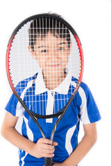 Wall Mural - Little boy playing tennis racket and tennis ball in hand