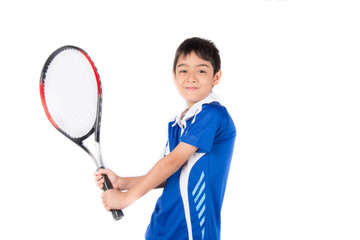 Wall Mural - Little boy playing tennis racket and tennis ball in hand