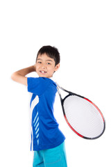 Wall Mural - Little boy playing tennis racket and tennis ball in hand