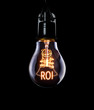 Hanging lightbulb with glowing Return on Investment concept.