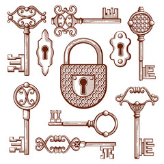 Poster - vintage keys, locks and padlocks hand drawn vector illustration