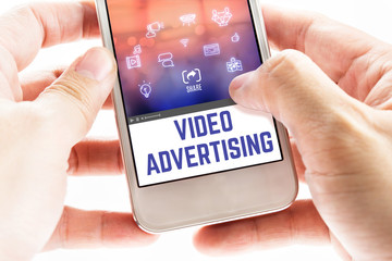 Poster - Close up Two hand holding mobile phone with Video advertising wo