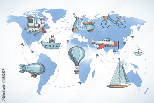 Zdjęcie XXL Zestaw podróżny. Kolekcja ikon na mapie świata.
