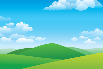 Wall Mural - Green hill landscape.  Vector illustration of panorama view with green mountain landscape and cloud sky.