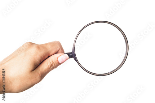 Fotografie, Tablou Hand holding magnifying glass isolated on white background