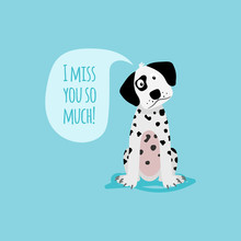 Vector Cartoon Happy Dog, Card Template With Text I Miss You Soo Much