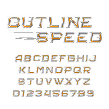 Outline speed alphabet font. Oblique letters and numbers in line style. Vector typeface for your design.