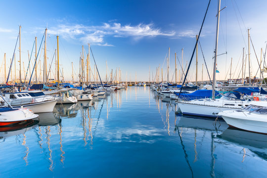 Marina with yachts in Puerto de Mogan, a small fishing port on Gran Canaria, Spain.