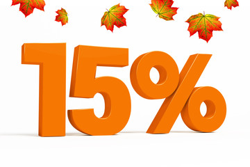 Wall Mural - Orange 3d 15 % percent text on white background with leaves for autumn sale campaigns. See whole set for other numbers.