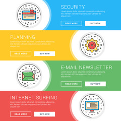 Wall Mural - set of flat line business website banner templates. vector illustration. modern thin line icons in c