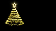 Golden lights Christmas tree with a star treetopper on a black background.