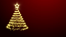 Golden lights Christmas tree with a star treetopper on a red background.