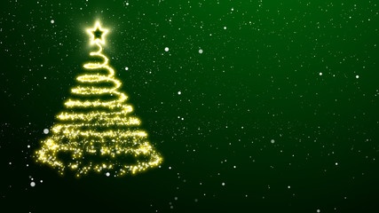 Wall Mural - Golden lights Christmas tree with a star treetopper. Green background with snowflakes.