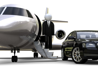 Wall Mural - High Class transportation / 3D render image of a private jet with an expensive limousine representing high class transportation