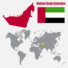 Poster - UAE map on a world map with flag and map pointer. Vector illustration