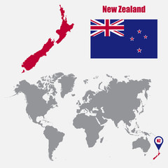 Poster - New Zealand map on a world map with flag and map pointer. Vector illustration