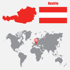 Aufkleber - Austria map on a world map with flag and map pointer. Vector illustration