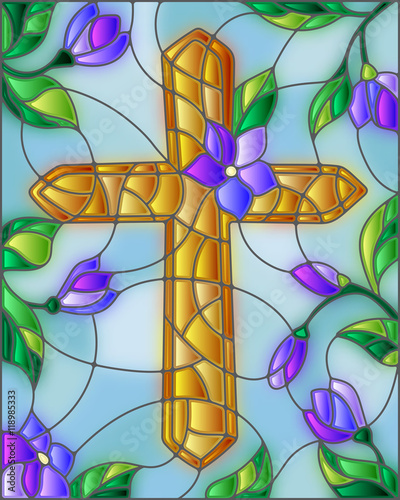 Tapeta ścienna na wymiar Stained glass illustration with a golden cross in the sky and flowers