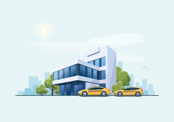 Wall Mural - Office Building with Taxi Cars and City Background