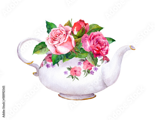 Fotomural Teapot with rose flowers. Watercolor