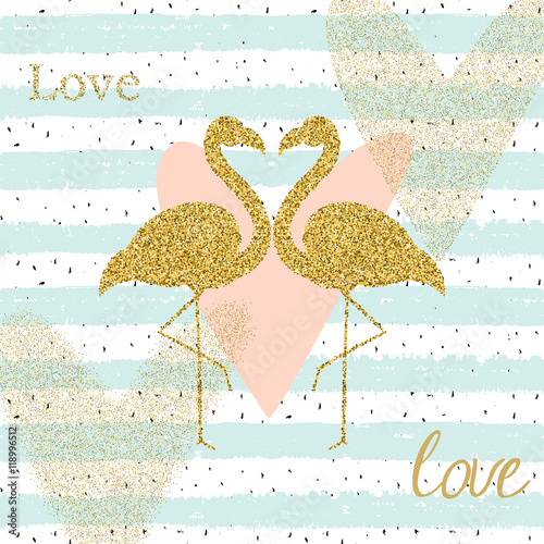 Creativity card with gold glitter flamingo and different hearts