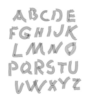 Decorative alphabet. Hand drawn letters made of lines.