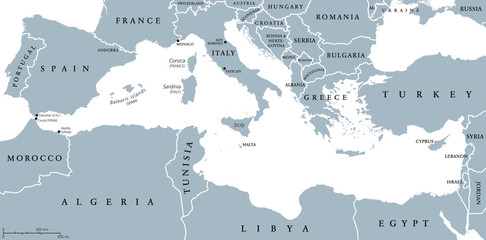 Wall Mural - Mediterranean Sea Region countries political map with national borders. South Europe, North Africa and Near East with national borders. English labeling and scaling. Illustration.