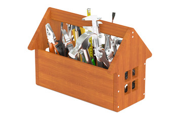 Poster - wooden toolbox with tools, 3d rendering