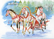 Horse Carriage Outdoors. Horses Folk Painting
