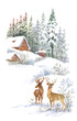 Watercolor winter landscape with deers.