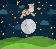 Hey Diddle Diddle Nursery Rhyme Landscape With Cow Jumping Over The Moon
