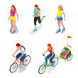 Isometric Bicycle. Family Cyclists. Roller Skating girl.