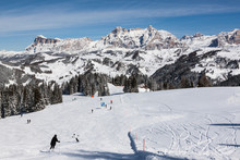 View Of The Alpe Di Fanes Cliffs In Winter, With The Peaks Conturines And Piz Lavarella, Alta Badia, Italian Dolomites.