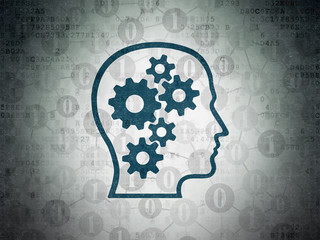 Finance concept: Head With Gears on Digital Data Paper background